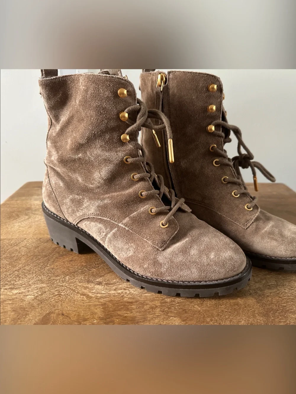 Tory Burch Taupe Suede Lace-Up Combat Boots with Gold Hardware